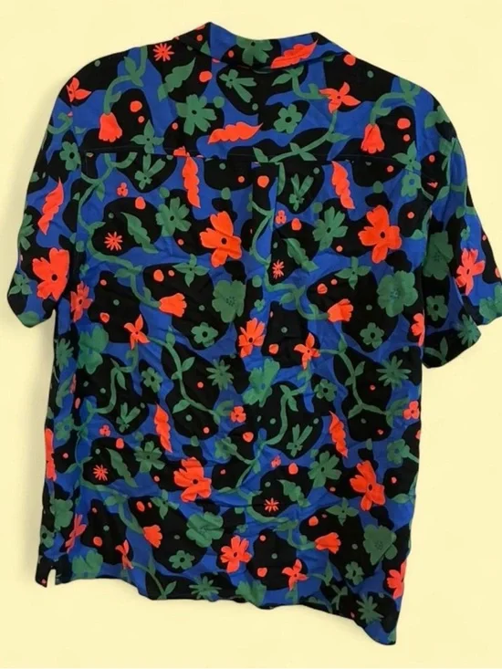 Black Floral Button-Up Shirt with Green & Blue Vines - Picture 3 of 3